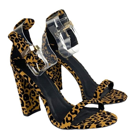Qupid Women's Animal Print Ankle Strap Block Heels Sandals Brown/Black Size 8 - Picture 6 of 8